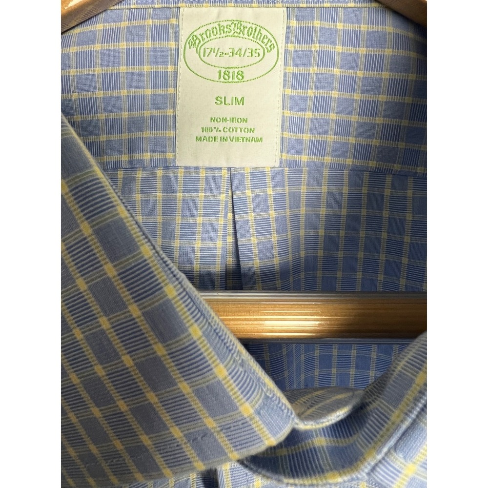 Brooks Brothers Dress Shirt Men 17.5 34/35 Plaid Non-Iron Cotton Slim Fit D09